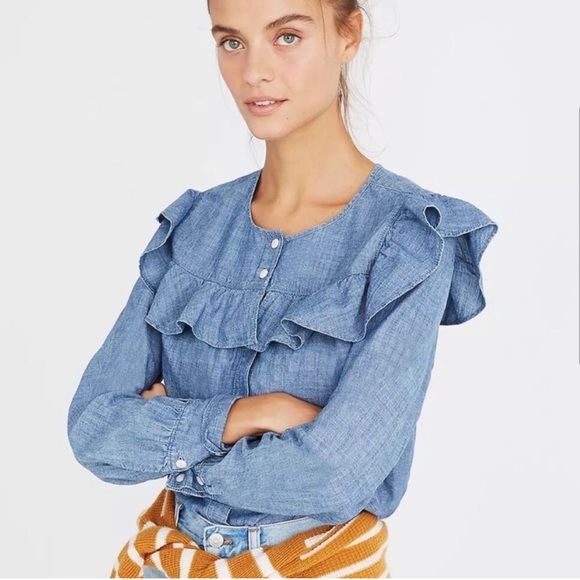 Madewell Denim Ruffle Long Sleeve Button Down Shirt - Picture 2 of 5